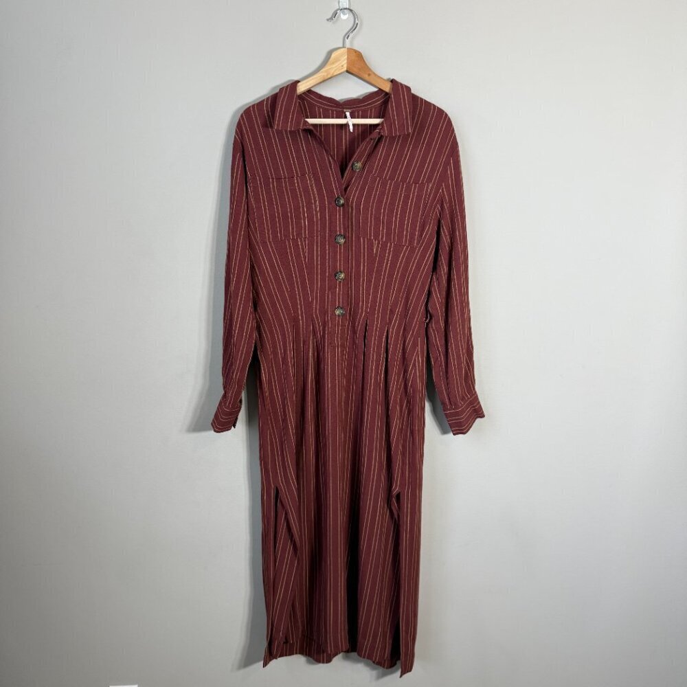 Free People Rust Stripe Midi Shirt Dress - Picture 3 of 15